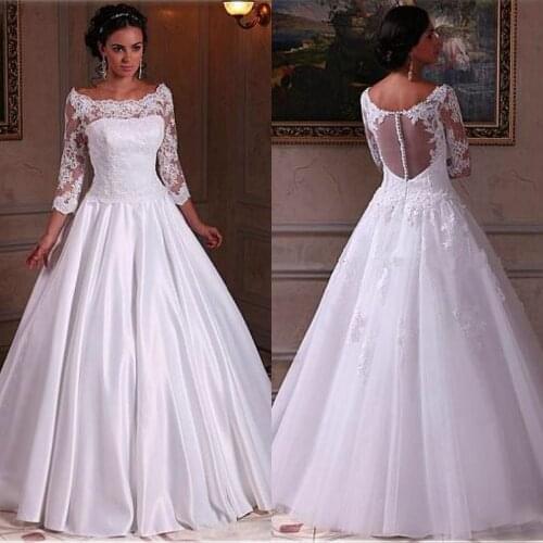 2019 White Wedding Dresses Boat Neckline Long Sleeve Dresses with Appliques Lace Illusion Back Floor Length Bridal Gowns Cheap