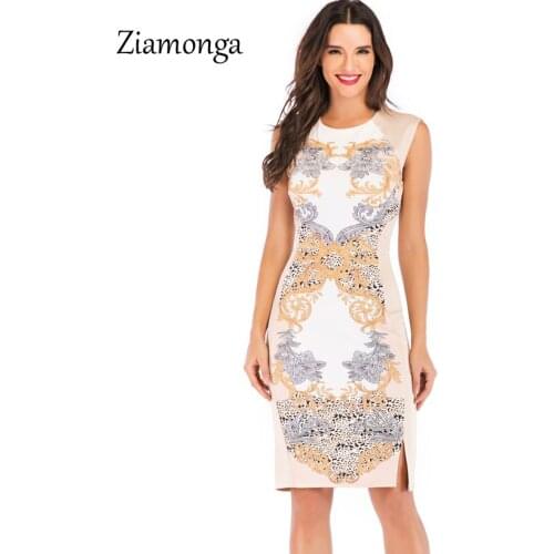Ziamonga Women Work Office Lady Summer Dress 2019 Spring Printed Sheath O-Neck Sleeveless Party Dress Vintage Women Casual Dress