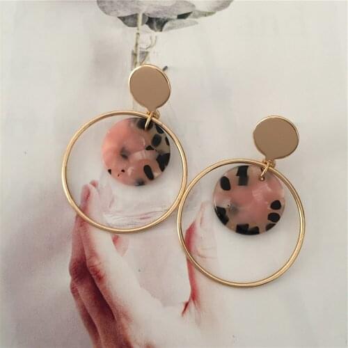 Bohemia Gold Color Plating Pink Black Marble Round Disc Circle Overlap Earrings For Women Girl Bohemia Vintage Jewelry