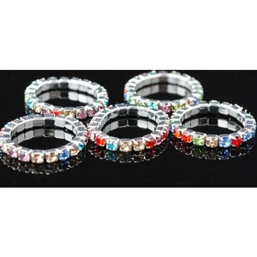 1-Row Crystal Rhinestone Rings Gold Color and Silver Plated Metal Bridal Wedding Elastic Stretch Jewelry Rings for Women