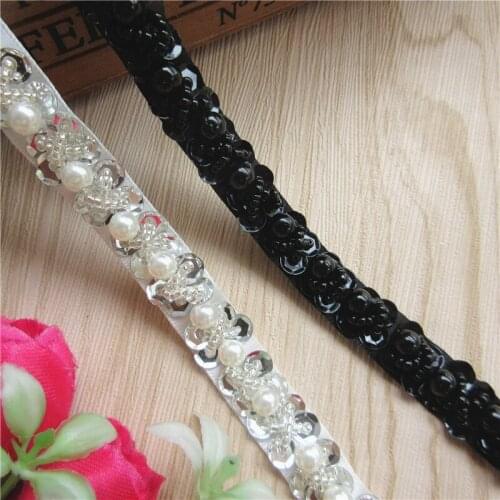 100cm Width 1.3cm White Black Pearl Bead Lace Trim Ribbon Crocheted Crochet Applique Sewing Craft For Costume Hat Decoration