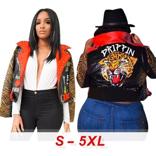 2020 Womens Cool Leopard Print Leather Jacket, Rivet Print Lapel PU Jacket, Tiger Head Print Fashion Zipper Slim Leather Jacket