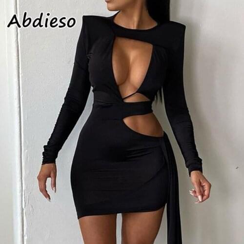 Abdieso Hollow Out Mini Dress Sexy For Women Black Bandage Long Sleeve Autumn Winter Party Night Bodycon Dress Festival Clothing