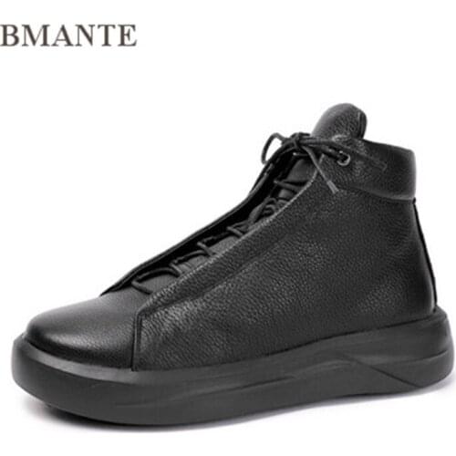 Bmante Genuine Leather Men Ankle Snow Boots Fur Black White Lace-up Thick Bottom Platform Male Adult Shoes Trainers High Sneaker