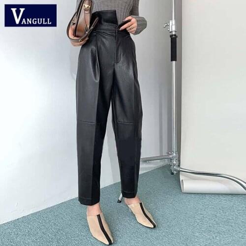 Vangull PU Leather Harem Pants For Women Spring High Waist Ankle Length Trousers Female Fashion Black Casual New Clothing 2021