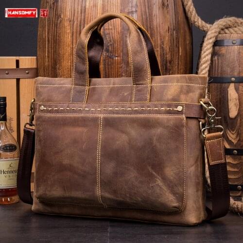 Crazy Horse Leather Men Briefcase Retro Laptop Bag Mens Handbag First Layer Cowhide Shoulder Messenger Bags Cowhide Vintage