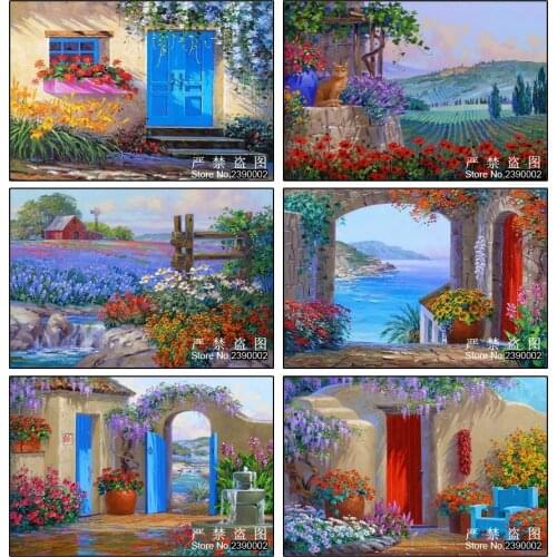 Flower 5D DIY Diamond Painting Posters Diamond Mosaic Cross Stitch Needlework Green Lawn Garden Landscape Home Decorative