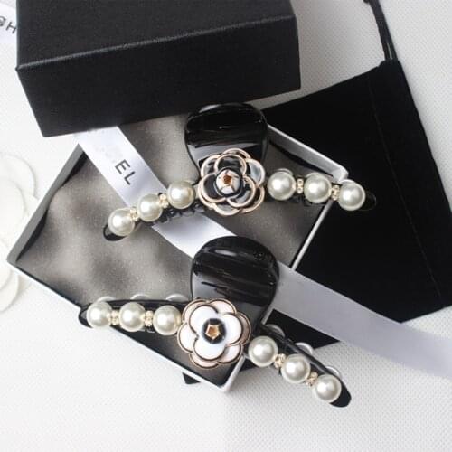 Enamel Big Camellia Hair Clip for Women Luxury Pearl Crystal Hair Pins Long Strip Claw Original Hairpins Brand Accessories Z397