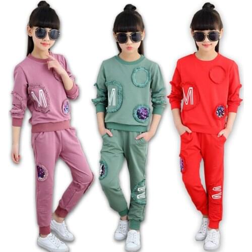 Teenage Girls Clothing Children Clothes Set Spring Autumn Cotton Sweatshirt + Pants 2Pcs Casual Sequins Kids Girls Clothes Suit