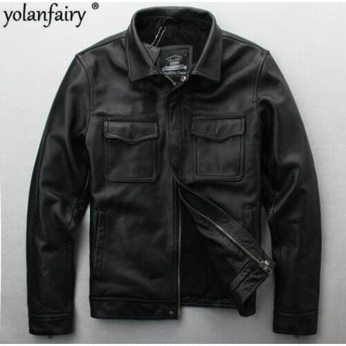 Leather Jacket Men Korean Vintage Genuine Leather Coat Real Cow Leather Jackets Mens Streetwear Motorcycle Jacket Black YY483