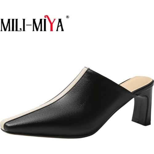 MILI-MIYA Hot Sale Genuine Leather Slippers Women High Heels Mules Summer Fashion Square Toe Mixed Color Dress Party Shoes