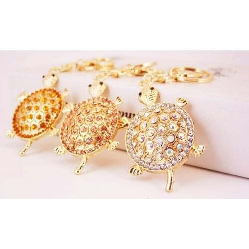 Cute Gold Tortoise Rhinestone Keychains Metal Car Keyring Animal Turtle Women Handbag Key HolderTrinket Jewelry