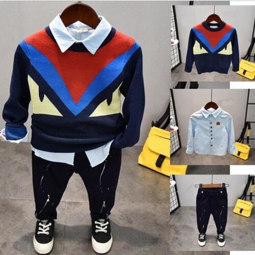 Fashion spring Autumn Children Boys Clothes Kids Cotton Knitting sweater + shirt + trousers 3Pcs/Sets Toddler Clothing Sets 2-6Y