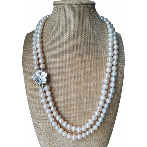 23-24 inches Double Rows 9-10mm Natural White High Luster Oval Pearl Necklace with Shell Flower Clasp