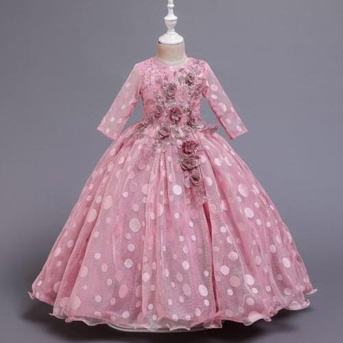 Flower Girl Wedding Party Embroidery Dresses Autumn and Winter New Long Sleeve Wave Point Flower Decoration British Dresses