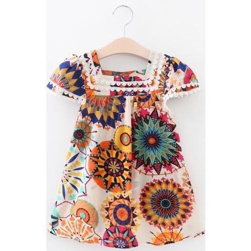 High quality toddler girls beach dress 2017 summer new retro Sunflower print girls dress 2-7y girls lace clothing