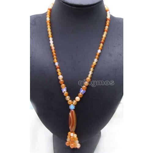 SALE 10*42mm Olivary shape red stone Pendant & 6mm Orange Round 22'' Necklace-nec5977 Wholesale/retail Free shipping