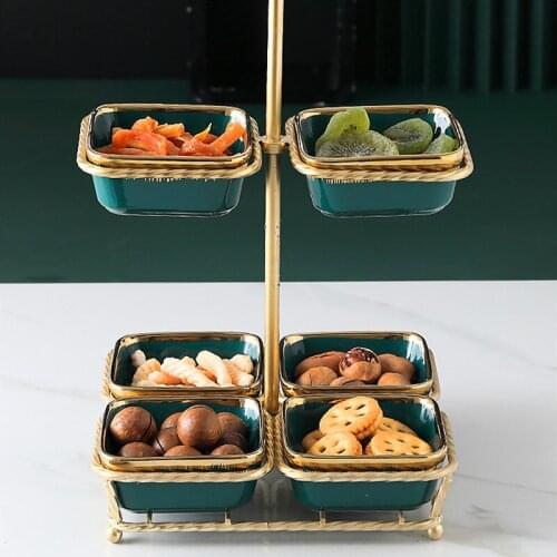 Northern Europe Dark Green Snack Platter Ceramics Dried Fruit Snack Bowl with Metal Base Double Layer Fruit Plate Tableware