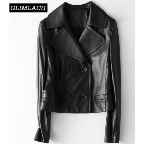 2021 New Double Breasted Real Leather Jackets Women Fashion 100% Sheepskin Genuine Leather Coats Short Fashion Female Outwear