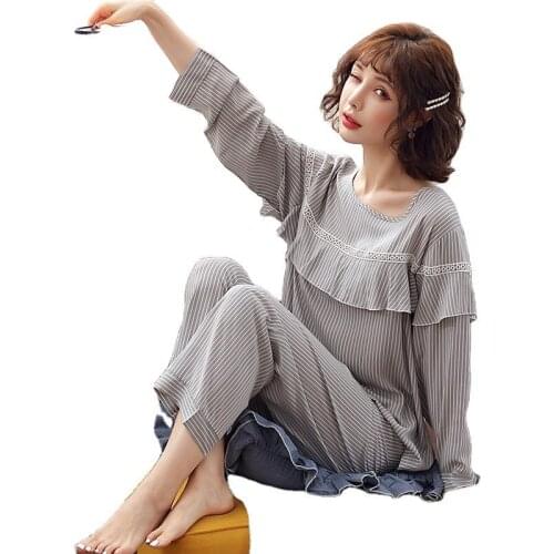 Women Pajamas Loose and Lovely Striped Lace Ladies Sleepwear Fashion Long-sleeved Trousers 2-piece Suit Striped Lounge Wear