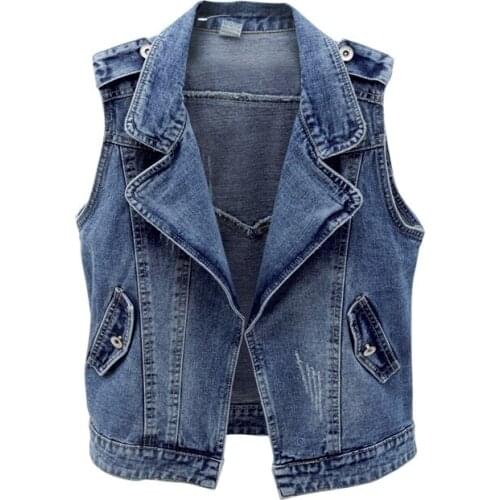 Plus Size Short Denim Vest Coat Women 2021 New Spring Summer Suit Collar Sleeveless Jeans Jacket Female Waistcoat Tops 4XL 5XL