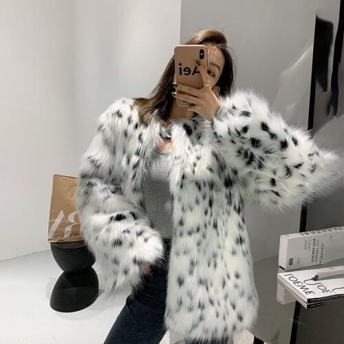 Female autumn and winter new fox fur coat womens long fur coat thickened loose collar leopard print jacket