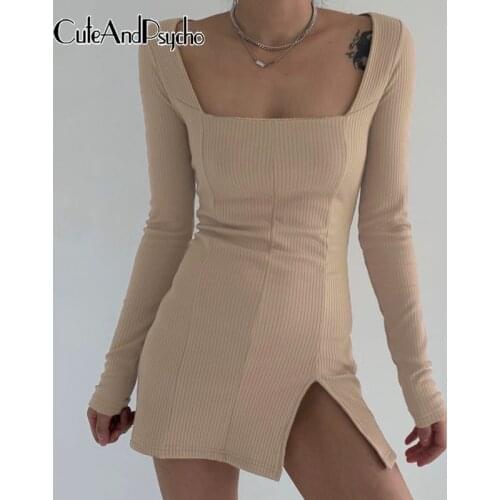 Korean Fashion Square Collar Y2K Dresses Women Autumn Split Solid Mini Dress Casual Cotton Long Sleeve Outfits 90s Cuteandpsycho