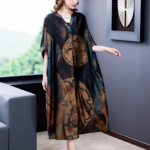 2021 Women Loose 4XL Plus Size Casual Dresses Summer Vintage Print Mulberry Silk Beach Midi Dress Elegant Bodycon Party Vestidos