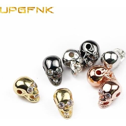UPGFNK 4pcs Inlay white zircon Skull Pendant Copper Spacer beads CZ metal Loose beads for Jewelry making bracelet DIY Finding