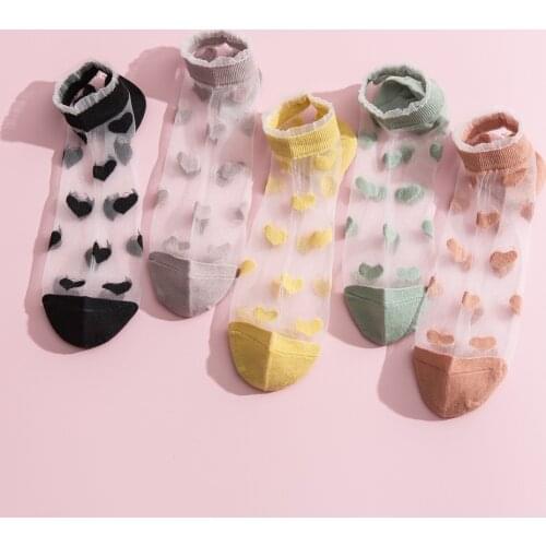 5Pairs/lot Summer Ruffles Socks Women Cute Harajuku Silk Socks Korean Breathable Transparent Heart Funny Ankle Sock Happy Socks