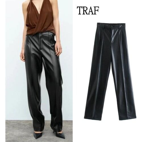 TRAF Za Women Faux Leather Black Pants 2021 Fashion High Waist Straight Pants Woman Office Lady Korean Chic Button Woman Trouser