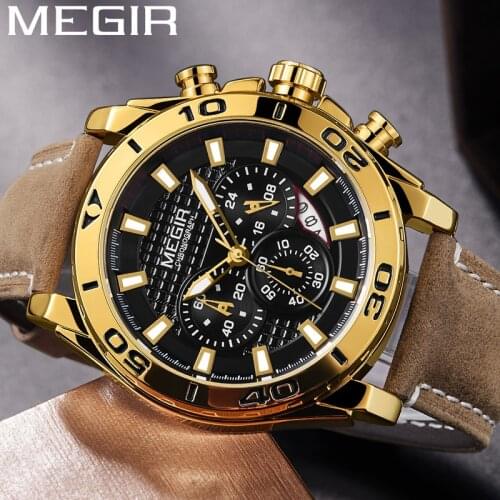 MEGIR Chronograph Mens Watches Top Luxury Brand Leather Strap Quartz Men Male Watch Military Army Sport Date Clock Gift Box 2094