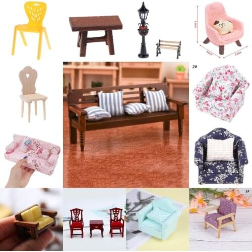 Mini 1/12 Garden Wooden Chair Stool Sofa Cute Pillow For Couch Bed Dollhouse Furniture Toys Doll House Decoration Accessories