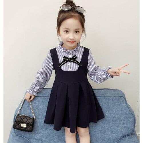 Kids Fashion back to school dress new autumn 2020 fake two-piece striped long-sleeved childrens dress with bow DR19168