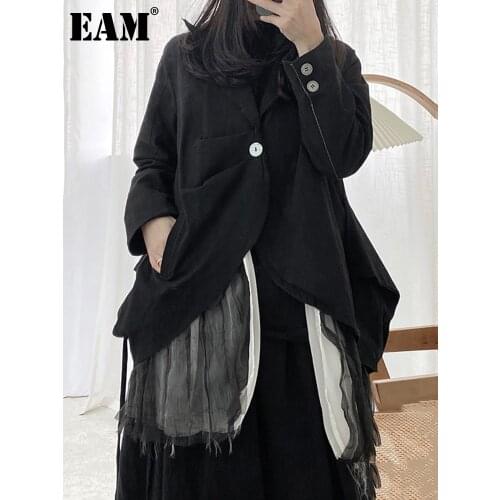 [EAM] Women Mesh Asymmetrical Blazer New Notched Collar Long Sleeve Loose Fit Jacket Fashion Tide Spring Autumn 2021 1DD3175