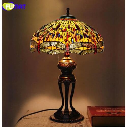 FUMAT Stained Glass Table Lamp Antique Dragonfly Living Room Bedside Lamp LED Glass Art Lamp Office Studio Stand Light Fixtures