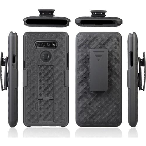 Hybrid shockproof pc+tpu weave pattern holster combo mobile phone case with pop up holder for lg-k51