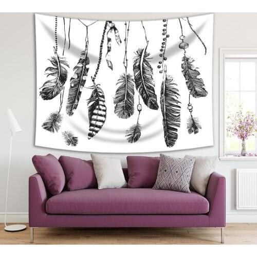 Tapestry Feathers Pattern Antique Accessories Mystic Symbol Tribal Theme Sketch Art Black White