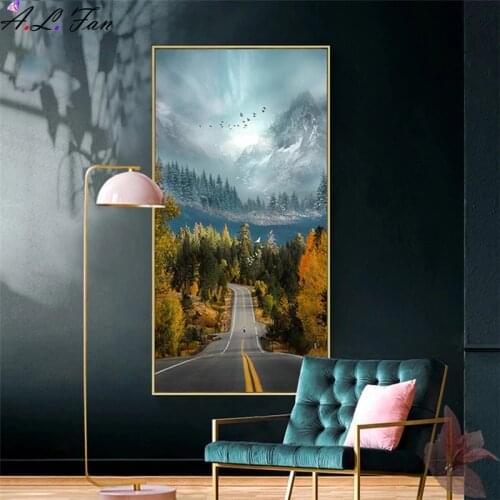 Nordic travel landscape road trees nature mountain canvas print painting autumn winter wall art poster sunset decoration image