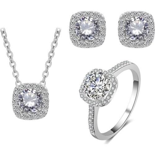 COCOM Simple Style Cute Jewelry Sets for Women Girls Clear AAA Cubic Zirconia Pendant Necklace/Stud Earrings/Ring 3 Pieces