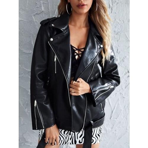 FTLZZ Spring Autumn Moto Jacket Women High Street PU Leather Jacket Womens Coat Turn-down Collar Faux Leather jackets Sashes