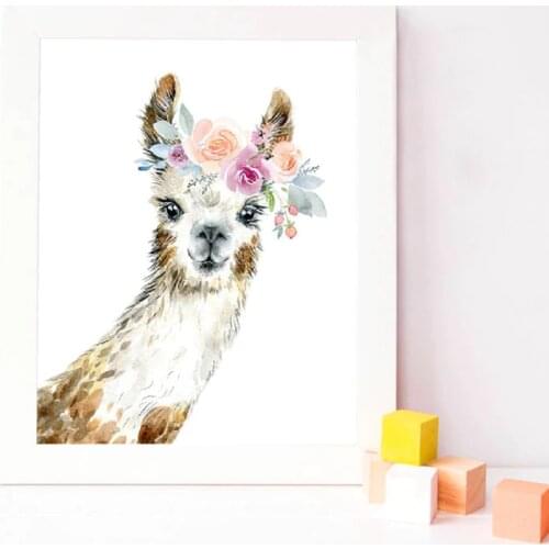 Llama Print Alpaca Wall Art Girl Nursery Decorative Floral Crown Animal Llama Peekaboo Canvas Painting Watercolor Picture Decor