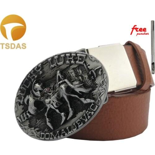 Fashion Lucky Luke Silver Belt Buckle Oval Metal Classic Men Jeans Accessories Belt Buckle With PU Belt