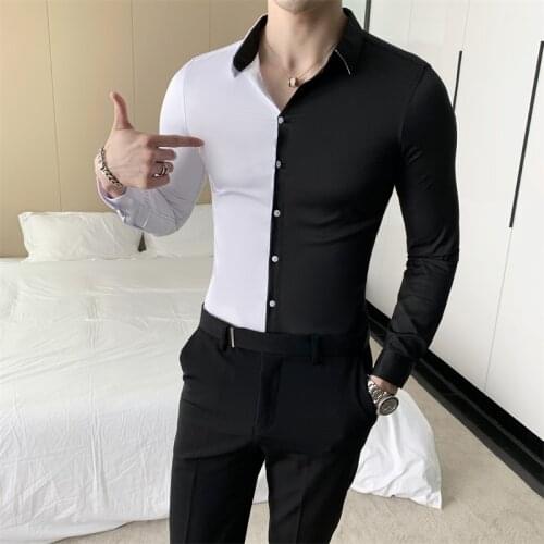 British Style Patchwork Color Shirt Men Fashion 2021 Long Sleeve Men Casual Shirts Simple All Match Slim Fit Tuxedo Dress 3XL-M