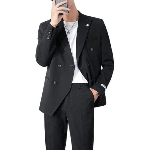 Mens Suits & Blazers 2021(Jacket +Pant) Black Korean Style Slim-fit Double-breasted Casual Loose Suit Solid Color