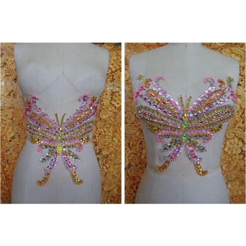Hand made dazzling pink/golden/clear AB colour sew on Rhinestones applique Butterfly shape crystals patches 27*27cm accessory
