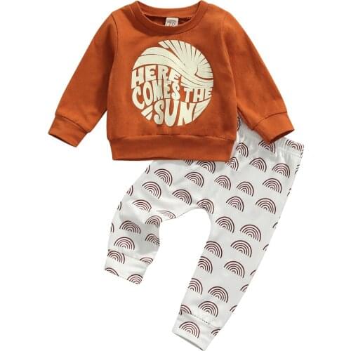 Autumn Winter Casual Outfits Baby Boys Girls Clothes Fashion Letter Long Sleeve Pullover Tops and Rainbow Print Trouser