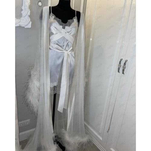 LO&LI Two Pieces Silk Feather Women Sleepwear Bathrobe Long Kimono Dress Lingerie Bath Robe Black Camisola De Dormi