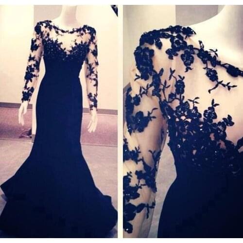 Sheer Appliques Prom Gown Scoop Full Sleeve See Through Dress Mermaid Formal Evening Dresses 2015