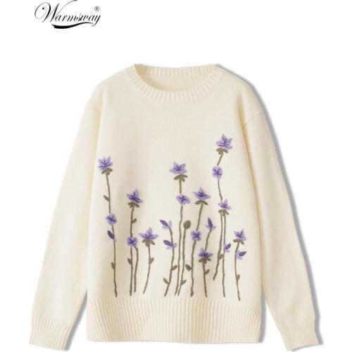 Girly Embroidery Purple Floral Pullover Sweater O-Neck Long Sleeve Fall Winter Loose Pullover C-103